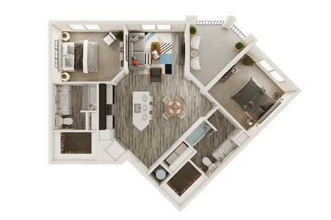a stylized floor plan of a bedroom with a living room